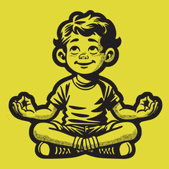 diverse kid meditating and doing yoga breathing exercise peaceful mind vector illustration