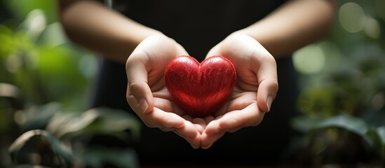 close up of red heart in hand heart with blurred background