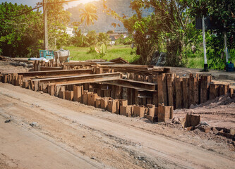 Big road construction site with special machinery in the construction area