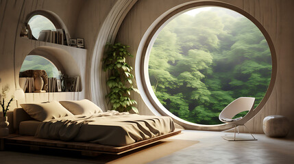 Obraz na płótnie Canvas A bedroom with a unique circular window.
