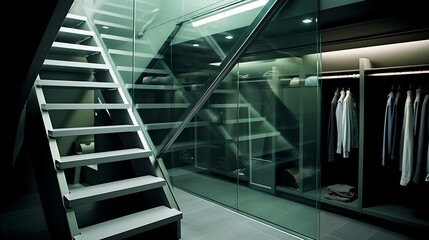 Titanium and glass hidden closet under stairs with a futuristic appeal