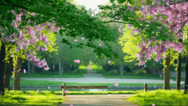 Spring flowers bloom. Cherry Blossom Blossoming Cherry Tree In Full Bloom On Blue Sky Background, Sakura Flower. Japanese Garden in Spring. Flowering of a Fruitful Plant. Fresh Blossoms Petals.
