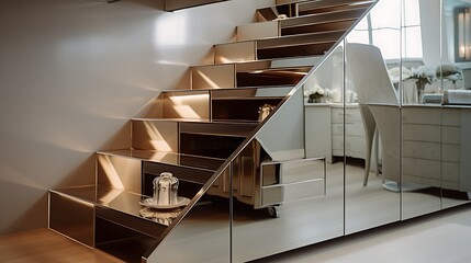 Stainless steel-clad hidden closet under stairs with a high-gloss finish