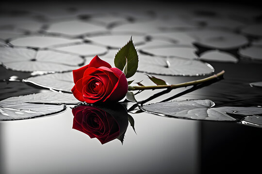 Black and white photograph, rose in center frame, stark contrast, red petals standout with selective color technique, positioned atop an empty reflective surface. Generative AI