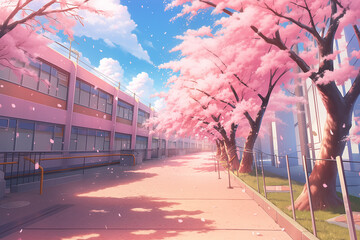 春に桜が舞う学校風景
