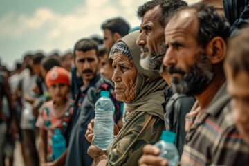 Crowd of people standing in line for water, lack of drinking water, drought