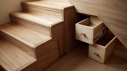 Poplar wood hidden storage area under stairs in a natural grain finish - obrazy, fototapety, plakaty