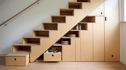 Pine plywood hidden storage area under stairs with a minimalist touch