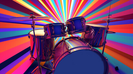 Psychedelic drum set with radiant backdrop.