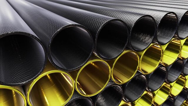 Tracking DOF camera looping 3D animation of the carbon fiber and gold plated steel pipes stacked at warehouse rendered in UHD