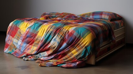 Picture showcasing a colorful, patterned bedspread draped over a bed with concealed storage drawers underneath - obrazy, fototapety, plakaty