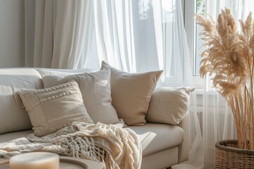 Close up of a sofa with pillows and cushions in a cozy and stylish minimalistic living room interior full of sunny reflections and sunlight, beige colored textiles