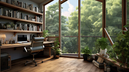A visualization of a home office with a corner window view.