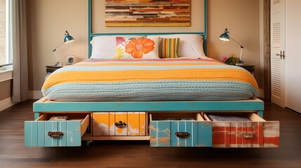 Picture of a mismatched, vibrant bed frame with hidden under bed storage drawers, reflecting an eclectic mix of styles and colors
