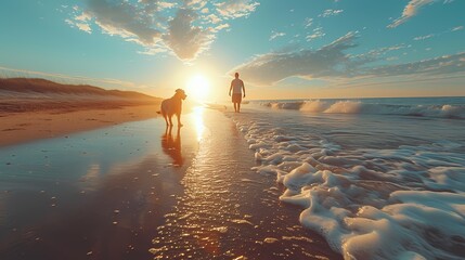 A man playing fetch with his loyal dog at the beach, both enjoying the sunny weather