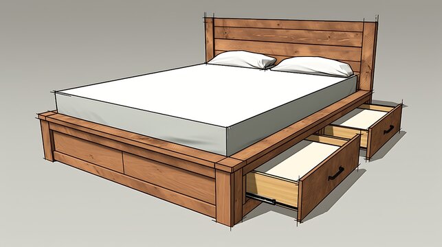 Picture of a farmhouse-style bed frame with concealed under bed storage, combining rustic elements with modern functionality