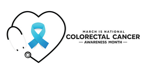 Illustration of the National Colorectal Cancer Awareness Month vector. Banner with heart-shaped stestoscope and blue ribbon. White Background.