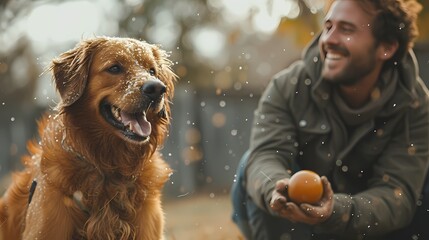A man playing fetch with his dog in the backyard, both of them panting with happiness