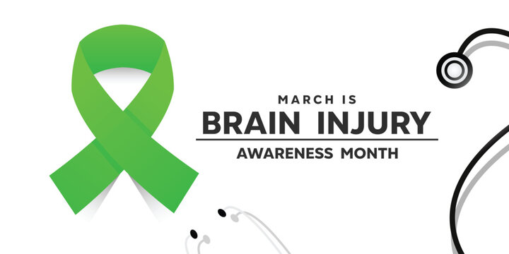 Brain Injury Awareness Month. Green ribbon and stestoscope. Card, banner, social media, poster and more.  White background.