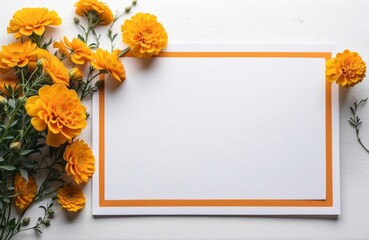 blank note paper on white table with marigold border, flatlay mockup top view with copy space