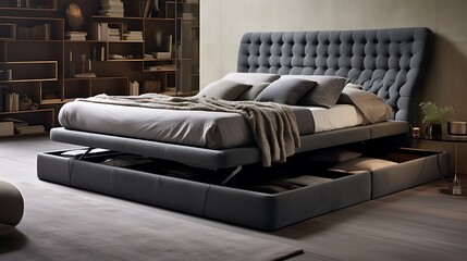 Photo of a luxurious upholstered bed frame with hidden under bed storage compartments, exuding opulence and sophistication