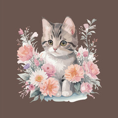 Sweet Funny Cute cat kitten sitting with floral watercolor beauty flower painting eps vector illustration Suitable for trendy t-shirt, hoodie, poster, sticker, banner, mug, bag multipurpose use