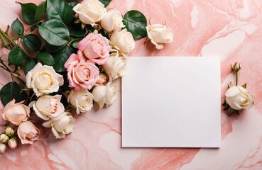 blank note paper on pink marble table with pink and white roses border, flatlay mockup top view with copy space