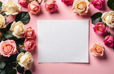 blank note paper on pink table with colourful roses border, flatlay mockup top view with copy space