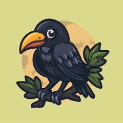 Cute crow flat logo icon, adorable bird cartoon illustration. Modern and minimalist crow vector design for branding.