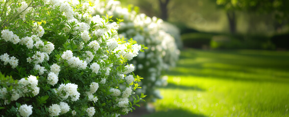 Lush white azaleas blooming in sunlight.