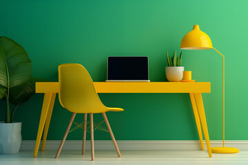 office interior with table, green wall, yellow chair and desk, lamp, plants, open laptop, and design objects, modern comfortable design vivid teleworking set with pop inspiration candy colors home