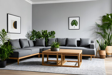 Two wooden coffee tables with plants in pots in front of gray corner sofa in fashionable living room interior. Modern living room