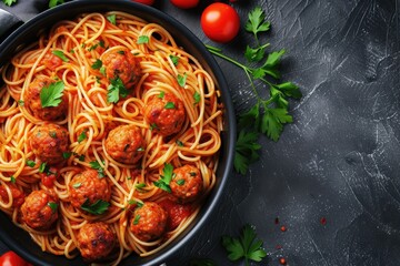 Top view of spaghetti pasta with meatballs and tomato sauce on a dark table with parsley