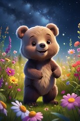 Enchanted Meadow Joy, Cute Baby Bear Amidst Wildflowers, Cute beautiful baby bear in the beautiful meadow with wildflowers, Cute baby animals for kids room decorations, Baby Room wall art decorations