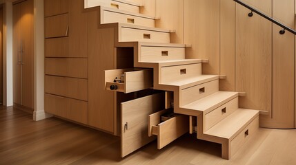 Oak veneer hidden storage cabinets beneath staircase