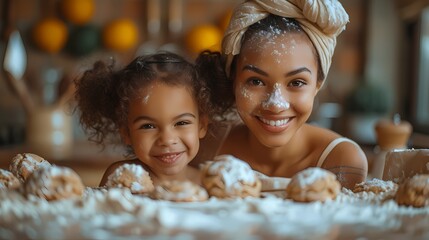 A mother and daughter baking cookies together in the kitchen, flour dusting their noses as they laugh - obrazy, fototapety, plakaty