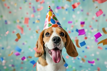 Cute happy dog celebrating at a birthday party. Beagle dog wearing a colorful birthday hat.