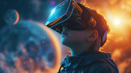 A student wearing virtual reality glasses is studying cosmonautics with an image of Earth in open space in his glasses. Concept of the virtual reality in school education - obrazy, fototapety, plakaty