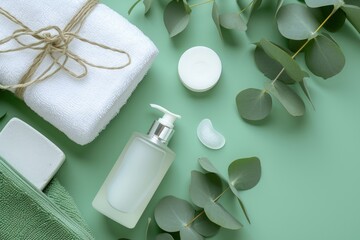Top view of organic beauty products on a green background cosmetic bottles eucalyptus flowers towels and soap Perfect for a spa or skin care body t