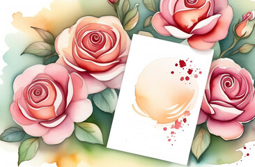 festive frames with flowers roses on a light background with a card for the text of a postcard, invitation. Generative AI