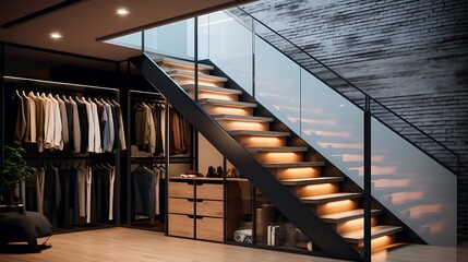 Metal and glass hidden closet under stairs with a modern aesthetic