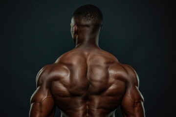 Body building African American male posing on black studio background from behind