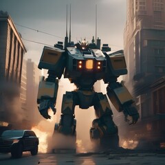 Giant robot rampage, Massive robotic behemoth rampaging through a cityscape as military forces mobilize to stop it4 - obrazy, fototapety, plakaty