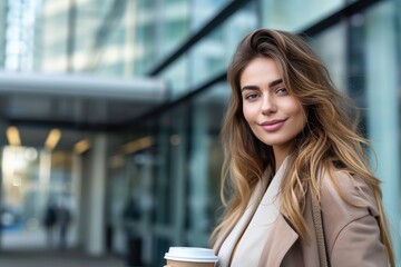 Fototapeta premium Successful businesswoman walking near office building with coffee
