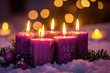 Obraz na płótnie Canvas Four mysterious lights on purple candles Advent