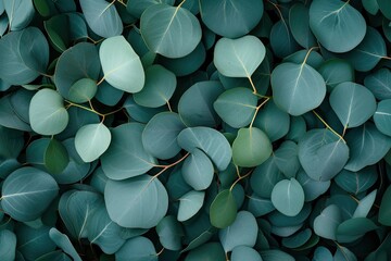 Green eucalyptus leaves forming flat lay background with top view - obrazy, fototapety, plakaty