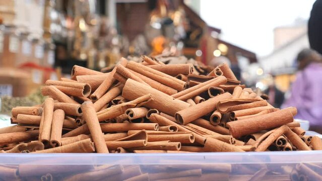 stack of Cinnamon sticks selling on spice bazar 