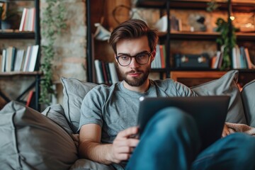 A good looking man wearing glasses multitasks on the office couch with a touchpad - obrazy, fototapety, plakaty