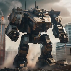 Giant robot rampage, Massive robotic behemoth rampaging through a cityscape as military forces mobilize to stop it1 - obrazy, fototapety, plakaty