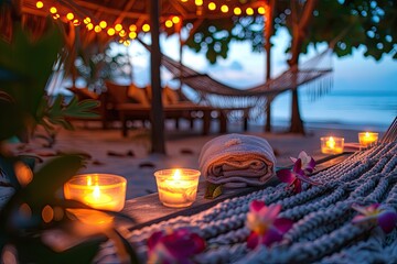 Beach evening at a luxurious resort with candles on cafe tables a cozy hammock with pillows and tropical plants a holiday vacation background